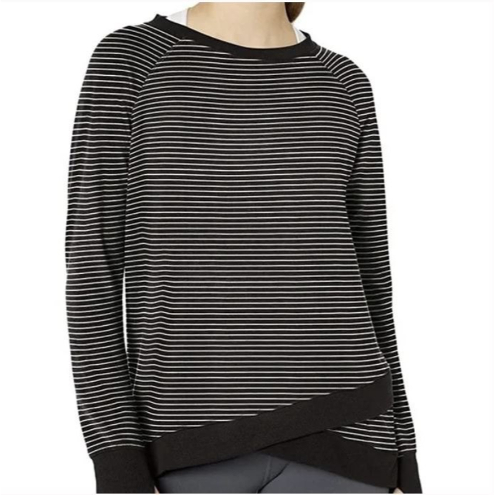 Danskin Crisscross Hem Striped Tunic Pullover Sweater Top Black White Sz Medium